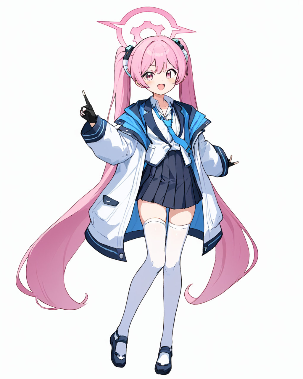 koyuki \(blue archive\),1girl, solo, blue_necktie, halo, white_background, open_mouth, twintails, simple_background, full_body, black_skirt, white_shirt, white_jacket, pleated_skirt, black_gloves, collared_shirt, pointing, multicolored_jacket, id_card, smile, long_sleeves, open_jacket, standing_on_one_leg, white_thighhighs, sketch, fingerless_gloves, teeth
<lora:koyuki_(blue_archive)_image708_2023-11-28-000012:1>halo. gorgeous,key visual, vibrant, studio anime,award-winning, professional, highly detailed,high budget, cinemascope