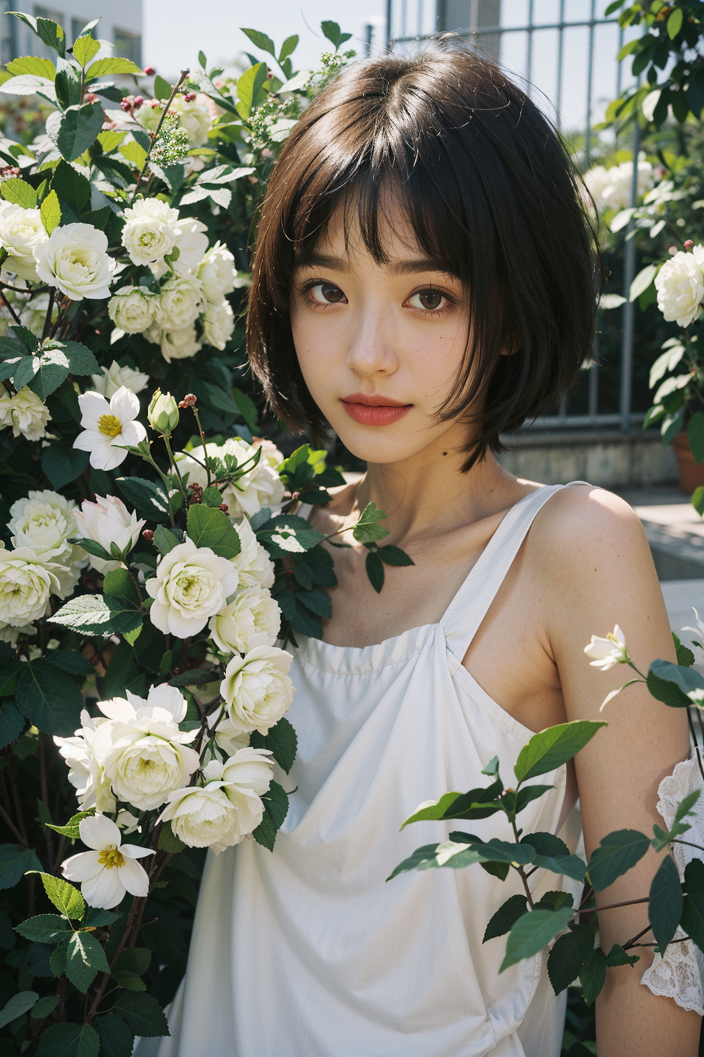 nsfw, best quality, masterpiece, ultra high res, cowboy shot, (photorealistic:1.4), raw photo, official art, (detailed face, detailed eyes), rouge \(makeup\), red eyeshadow, little smile, beautiful legs, tall female, skinny, slim_legs, thigh_gap, 1girl, solo, black hair, short hair, flower, realistic, looking at viewer, dress, black eyes, white dress, yellow flower, bob cut, upper body, lips, bangs, outdoors,  <lora:Lora_v20:0.7>