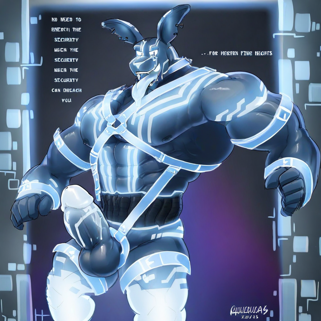 topless male, huge penis, collared shirt, blue shirt, robot rabbit, looking back, english text, police uniform, 1boy, colored skin, shirt, tongue, body fur, glowing, hand on own hip, adjusting headwear, testicles, piercing, thighs, completely nude, black background, human legs, nude, harness, feet out of frame, solo