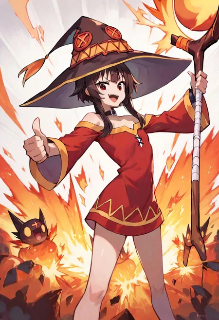 Megumin, standing, thumbs up, staff, witch hat. giant nuclear explosion background, blast wave.
score_9, score_8_up, score_7_up, score_6_up, best quality, 4k, ultra hd, anime style, highest score. 1girl, (correct anatomy).