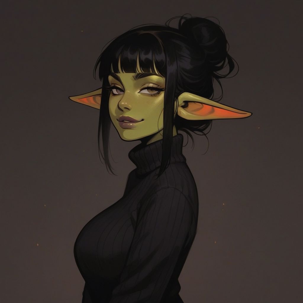 score_9, score_8_up, score_7_up, score_6_up, aesthetic ,  goblin, green skin,  large breasts, classroom, neon chalkboard, graffiti,  g0thicPXL, (close up:1.2), sweater,  teacher, portrait, green nipples, naughty face, smug, big eyes, side view, arms crossed