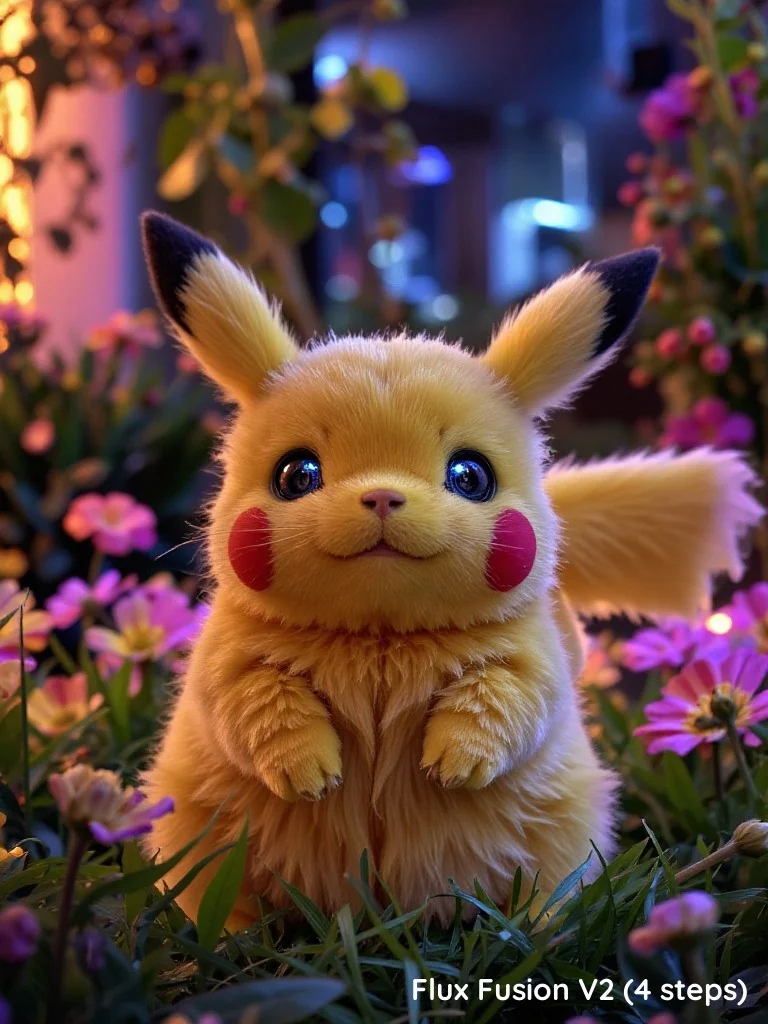 Fluffy, ultra-realistic Pikachu in a futuristic front yard, its soft fur shining under the glow of advanced, neon-lit garden lights. Each strand of fur is detailed, catching the vibrant colors of holographic flowers blooming around it. Pikachu’s eyes reflect the futuristic cityscape beyond the yard, with neon blues and purples contrasting against its fluffy yellow body. The scene is sharp and immersive, blending futuristic elements with Pikachu’s adorable, natural charm.