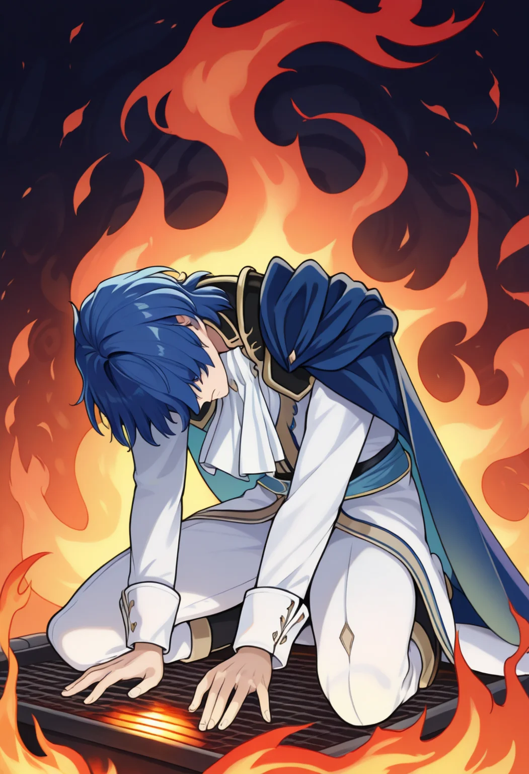 masterpiece, best quality, solo, 1boy, frown, looking at viewer, <lora:Sigurd-illus_Fp:1>, sigurdfe4, blue eyes, blue hair, short hair, white coat, white pants, ascot, collar, armor, blue cape, long sleeves, on grill, fire, burning, kneeling, boots, head down, hair over eyes, abstract background, on fire