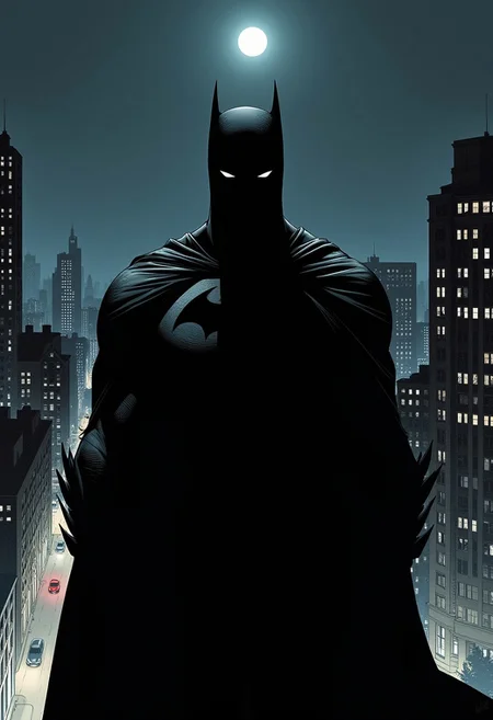 johnromita style, comicbook illustration, the main subject is batman, batman standing on highest skyscraper rooftop, he is surrounded by shadows and his cowl making his face completely black with only two white visible, he is wearing armored suit and long torn windblown cape that covering his whole body right from the shoulders, street dimly light with car lights down below, dark noire atmosphere, black sky, moonlight,