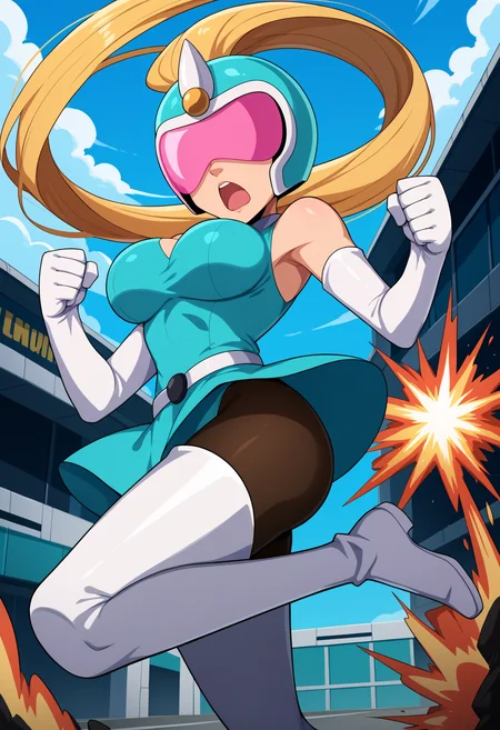 score_9, score_8_up, source_anime, 1girl, jumping, leg up, shouting, clenched hands, <lora:SilviaVJ-pdxl:1> silvia, ponytail, blonde hair, very long hair, helmet, pink tinted eyewear, covered eyes, cyan dress, cyan leotard, large breasts, bare shoulders, white gloves, elbow gloves, white belt, pantyhose, thigh boots, white footwear, explosion, science fiction