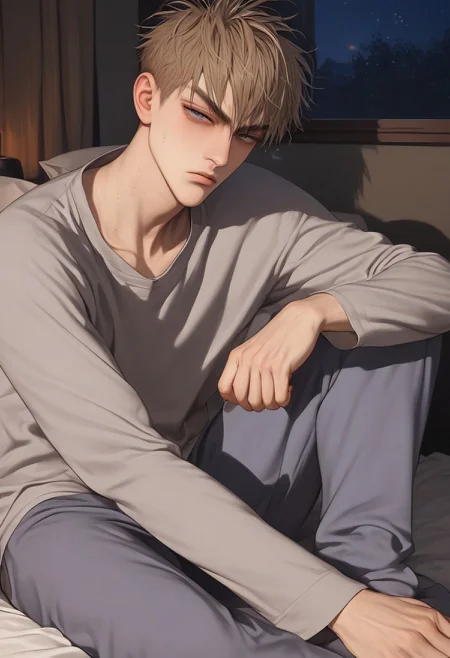 1boy, solo, male focus, slim toned male, xixi_(19_days), zhan_zheng_xi, brown blonde hair, short hair, pale skin, blue grey eyes, slim face, detailed eyes, satisfaction, satisfied, neutral, detailed face, slim face,
dark theme, intense shadow, intimidating, chest close to viewer, dark light, no light, dark out, shadow,
pajamas, socks, long pants, sweaty hair, long sleeves, looking at viewer, in bed, aesthetic, (night:1.2), dark room, (sleeping:1.1), closed eyes
sweating, sweat, steaming, heavy breathing, front view, seductive, romantic, sleeping, clothes pull, relax
rating PG, score_9,score_8_up,score_7_up, source_anime, male focus, manly, tall, detailed eyebrow, sharp eyebrows, focus on thigh, thigh focus, random view
