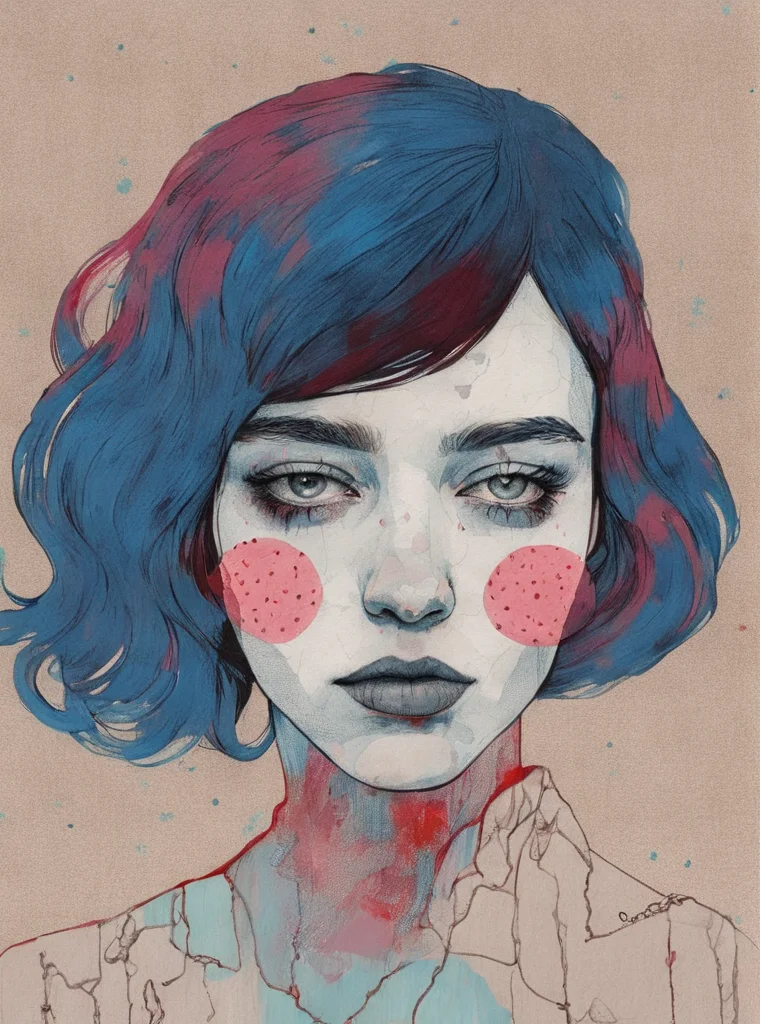 a drawing of a woman with bronze and indigo hair and a alizarin and ruby background with a taupe spot, Conrad Roset, digital portrait, an ultrafine detailed painting, pop art, pop surrealism , <lora:Graphic_Portrait:0.75>