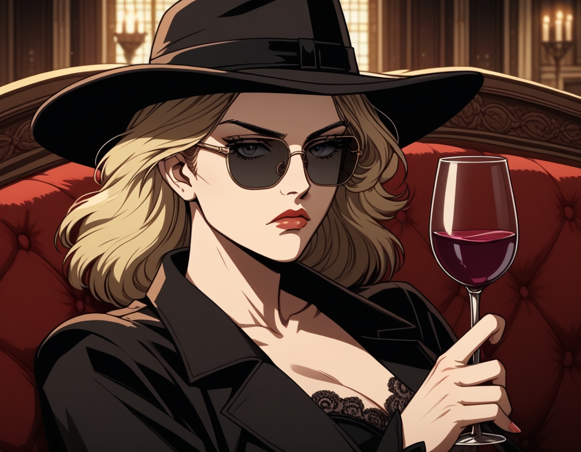 retroanimestyle, detectiveincog, 1girl, fedora, sunglasses,
serious, sat down, on side, on back, laid down, red velvet sofa, holding wine glass, looking at viewer, in a living room, mansion, posh, looking over eyewear, close_up