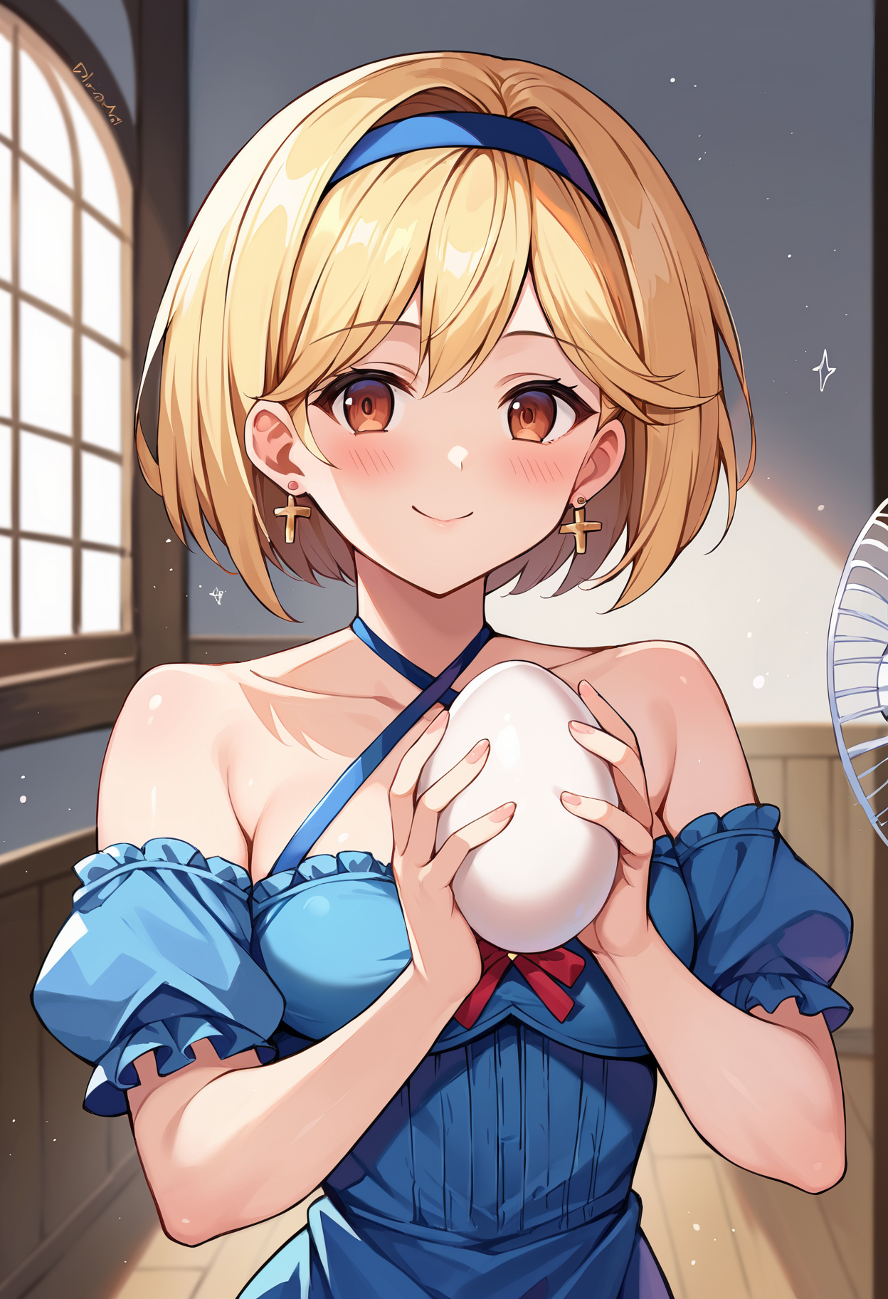 score_9, score_8_up, score_7_up, uncensored, source_anime, 1girl,  <lora:spgbfDjeetaXLPony:1> djeetadef, bare shoulders, blue dress, criss-cross halter, dress, earrings, hairband, halterneck, jewelry, off-shoulder dress, off shoulder, puffy short sleeves, puffy sleeves, short sleeves, electric fan, from behind, indoors, ramune, summer, blush, hands up, holding, holding egg, looking at viewer, smile, solo, loving