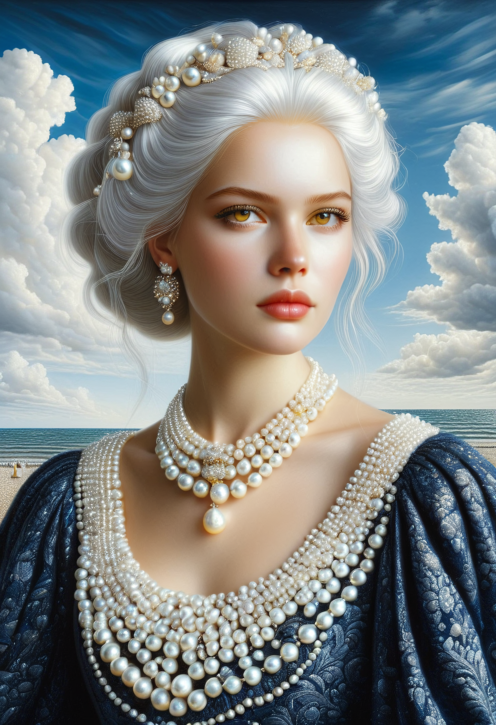 (masterwork, portrait, masterpiece, best quality, hyper-detailed, 8k uhd::1.4), belgian girl with white hair, Pearlum dark blue dress, Pearl necklaces and hairpins. yellow eyes, looking at the viewer, on the seashore, blue sky, clouds, soft light, painting \(medium\),  <lora:Pearlum_World_Morph:1> Pearlum, Pearlum style