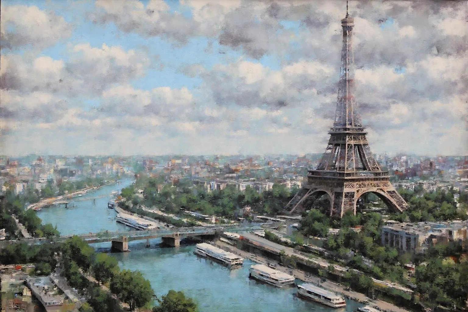 marklague1 painting.
The Eiffel Tower is on the right, surrounded by greenery and near a river in the foreground. Boats are on the river. The background includes buildings and a cloudy sky. <lora:marklague1_cap_d8a4e12:1.0><lora:855111283626797728:0>