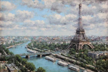 marklague1 painting.
The Eiffel Tower is on the right, surrounded by greenery and near a river in the foreground. Boats are on the river. The background includes buildings and a cloudy sky. <lora:marklague1_cap_d8a4e12:1.0><lora:855111283626797728:0>