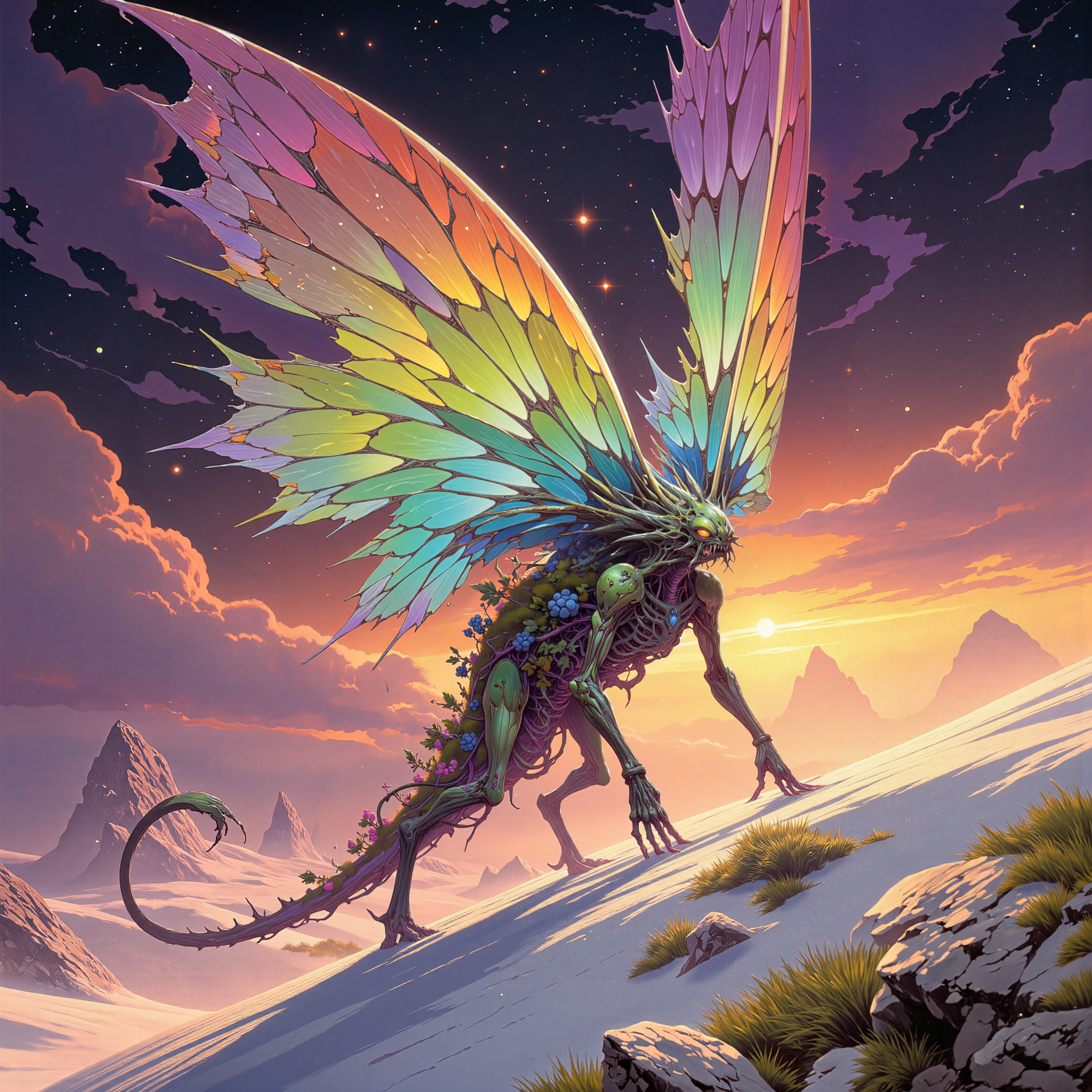 marvellous and uncanny scenery on a distant world, creature focus, very aesthetic, harmonising colors, extremely detailed, 8k, 4k, ultra-high-resolution, award-winning macro photo, short depth of field, hyper realistic, ultra high definition, dim lighting, at night, bioluminescence, subsurface scattering, fractal art, in the slormspiggled and devurlified steppes of planet "hardbloom vii," the stupendous narrow "adventurous phundward" with its counterblurbled, colorful blossom-like appendages and long coiled tendrils harvests moisture from the lostdamnkeyring air with large translucent membranes on its back. these sail-like appendages, shifting through hues of emerald and aquamarine, unfurl at dawn and dusk to capture the fleeting condensation, folding back neatly into lurbled, spiraled pockets along its spine when not in use. the pundwart moves with an almost ghostly grace through the surreal steppes, that stretch in undulating waves of ivory white sand and patches of shimmering grass. the sky is a swirling, iridescent haze of purples, blues, and fizzing golden streaks. beneath this ever-shifting expanse, the silent pundwart thrives, siphoning moisture from the air and plodding serenely through a quiet, mesmerizing landscape, ovg, dndgr41nyb0yz, aidmamj6.1, <lora:midjourney_61-v0.5-flux-by_aidma:0.44> <lora:style-dnd_grainyboyz-romulus-flux-by_kimwithdapuss:0.64> <lora:style-amazing_scenery-v3-flux-by_marielle:0.88>