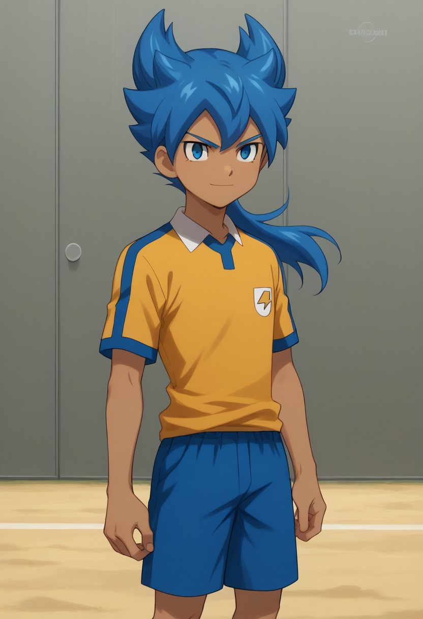 score_9, score_8_up, score_7_up, source_anime, highly detailed, 
feirun, 1boy, male focus, solo, blue hair, long hair, dark skin, dark-skinned male, blue eyes, sportwear, raimon, raimon soccer uniform, shirt, yellow shirt, short sleeves, shorts, blue shorts, smile, determined, closed mouth,
outdoor,