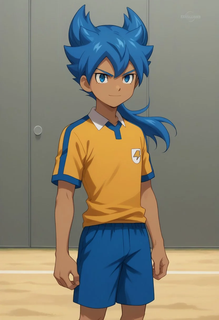 score_9, score_8_up, score_7_up, source_anime, highly detailed,
feirun, 1boy, male focus, solo, blue hair, long hair, dark skin, dark-skinned male, blue eyes, sportwear, raimon, raimon soccer uniform, shirt, yellow shirt, short sleeves, shorts, blue shorts, smile, determined, closed mouth,
outdoor,