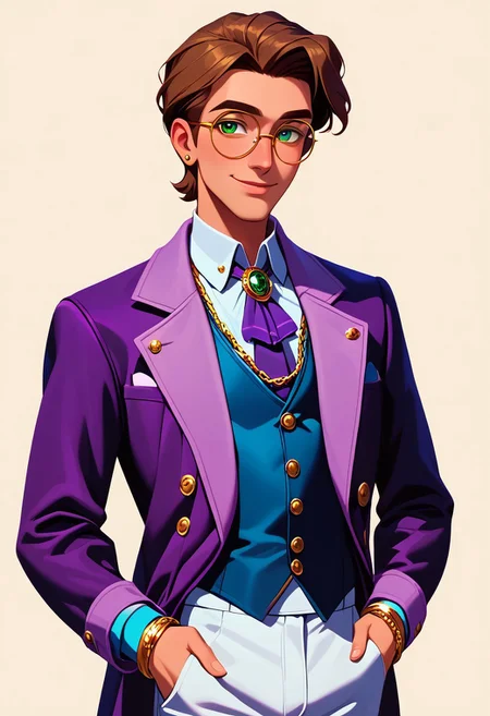 score_9, score_8_up, score_7_up, mgas, masterpiece, best quality, detailed eyes, detailed face, perfect eyes, high detailed, absurdres, highres, casual game art, mobile game art, merge 3 game art, character design, BREAK 1boy, man, mature, solo, smug, attractive, light brown hair, short hairstyle, green eyes, round black-rimmed glasses, white shirt under the jacket, purple silk tie, light purple knitted vest over the shirt, light brown jacket with 3 round small buttons on the cuffs, fake pockets on the jacket, white trousers, gold snake brooch on a tie, a gold chain bracelet on his right hand, BREAK holding on to the lapel of his jacket with both hands, standing, cowboy shot, looking to the left, BREAK simple background, white background