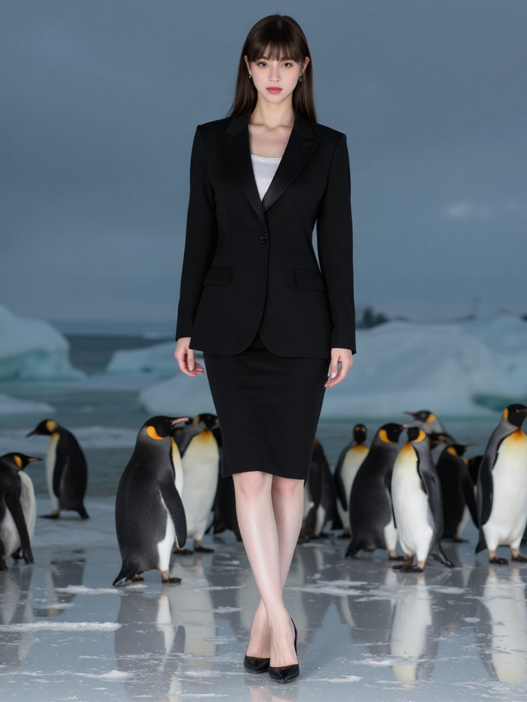 There are wonderful studio lights and various reflections,
18yo beautiful cute girl with blushing and female orgasm.skin naturally showing the texture of blood vessels and detailed pale skin,
--,
<lora:Nakajo_Ayami_f1:1>,she is Nakajo Ayami,
(Classic_black_blazer:1.4),(Pencil_skirt:1.3),(Pointed-toe_pumps:1.2), in the south pole,there are many penguins around, #åæ