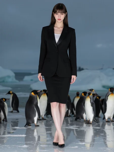 There are wonderful studio lights and various reflections,
18yo beautiful cute girl with blushing and female orgasm.skin naturally showing the texture of blood vessels and detailed pale skin,
--,
<lora:Nakajo_Ayami_f1:1>,she is Nakajo Ayami,
(Classic_black_blazer:1.4),(Pencil_skirt:1.3),(Pointed-toe_pumps:1.2), in the south pole,there are many penguins around, #åæ