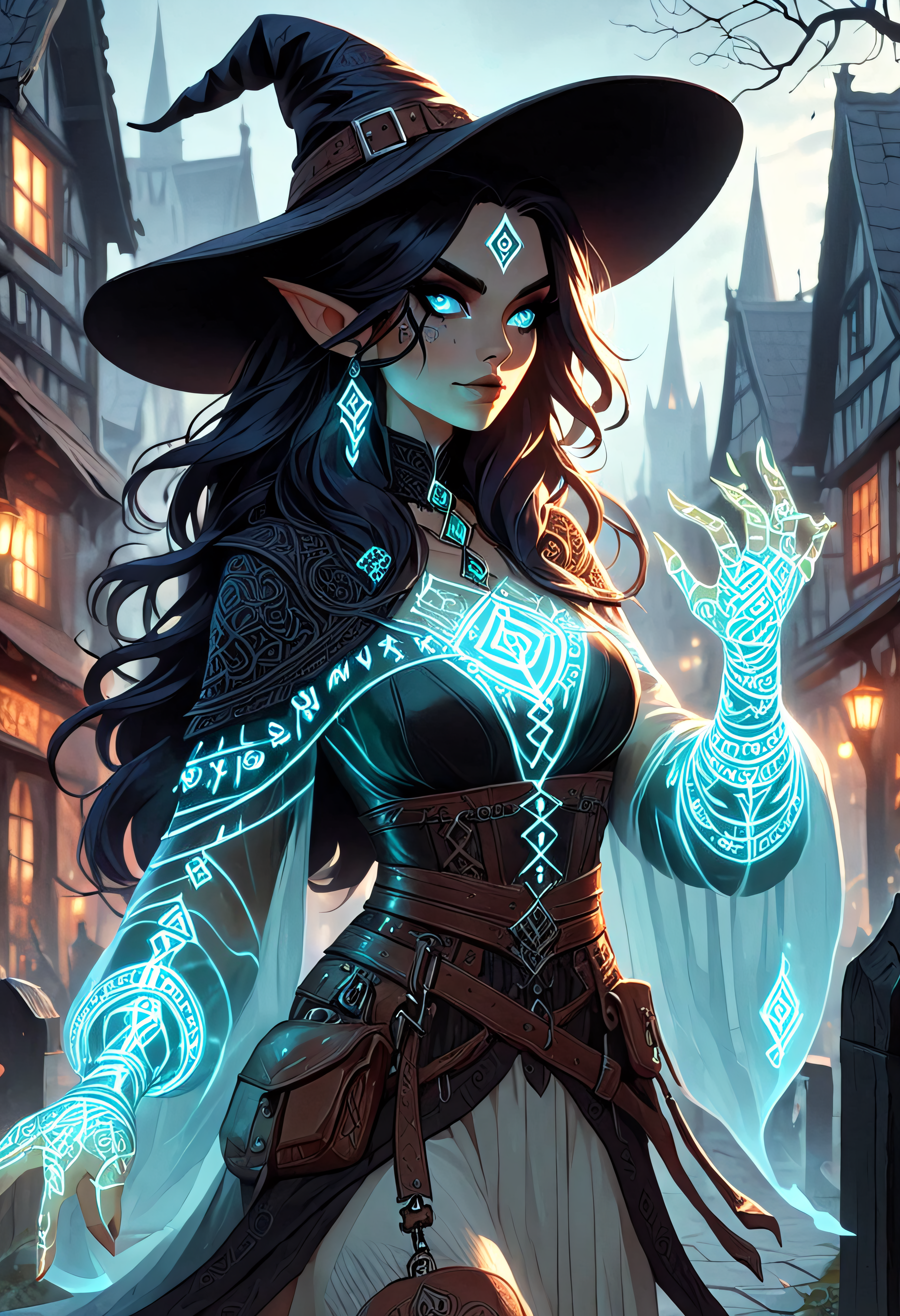 Glowing Runes, a witch wearing translucent outfit with runes, city background