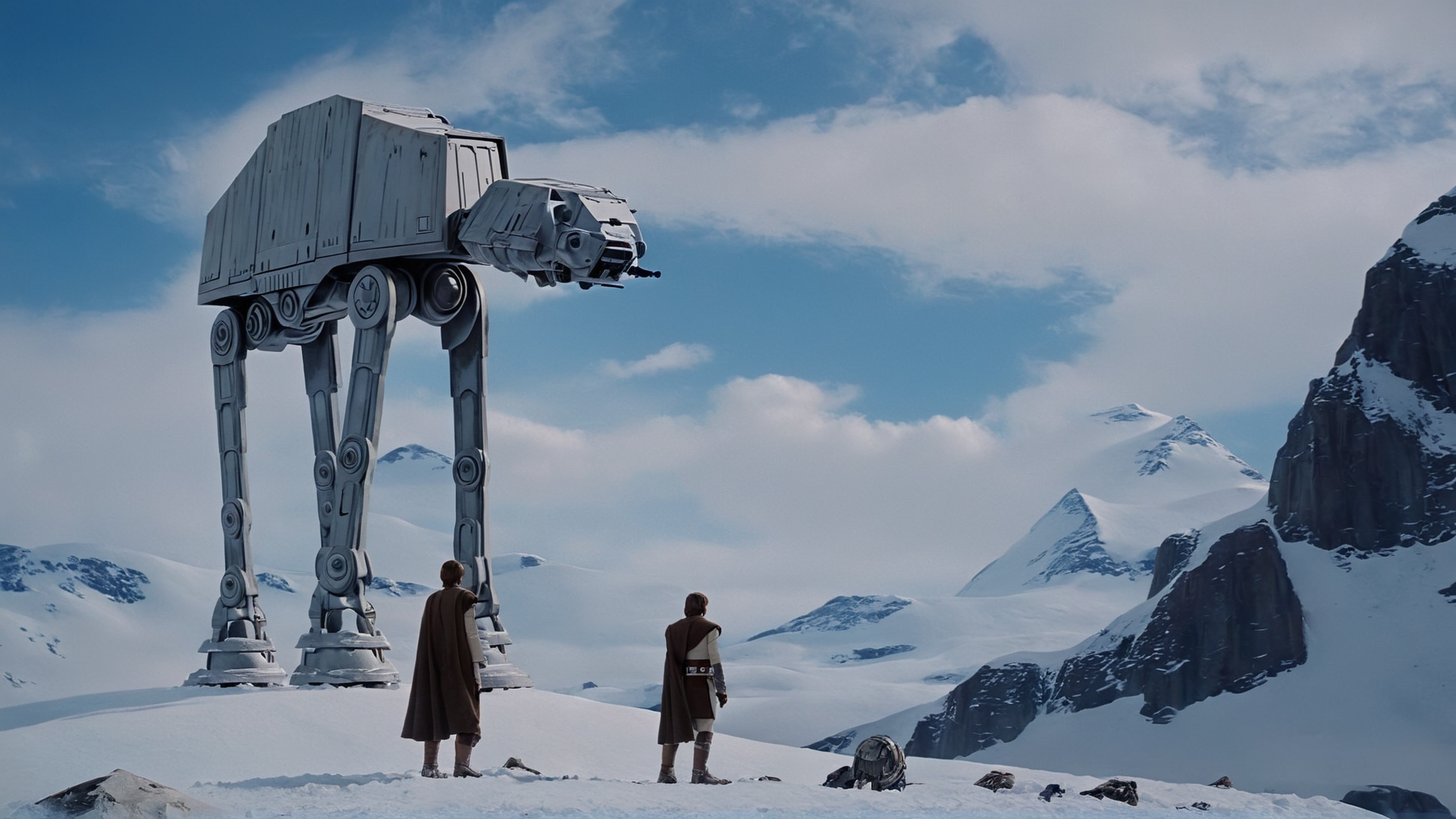 cinematic film still of  <lora:star wars style:0.2>
<lora:detailed:0.4> detailed
<lora:perfection style:0.4> perfect
<lora:PerfectEyesXL:0.5>
 <lora:Chiaroscuro Lighting Style:0.3>
 <lora:Hoth:0.9>
Hoth a painting of two people standing on a mountain,in star wars style,standing,weapon,outdoors,multiple boys,sky,day,2boys,blue sky,scenery,snow,ice,mountain, shallow depth of field, vignette, highly detailed, high budget, bokeh, cinemascope, moody, epic, gorgeous, film grain, grainy