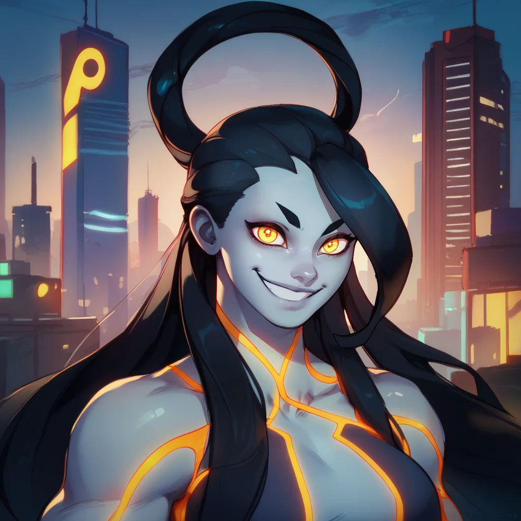 score_9,score_8_up,score_7_up,
sethxl,yin yang orb,black hair,hair rings bang,long hair,yellow eyes,
neon trim,colored skin,
standing,upper body,
looking at viewer,smile,
cityscape,night,<lora:SethXL:1>,