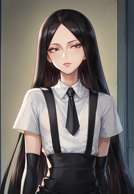 score_9, score_8_up, score_7_up, bordxl11, androgynous, 1other, black hair, black eyes, crystal hair, parted bangs, very long hair, gem uniform (houseki no kuni), white shirt, black gloves, black necktie, short sleeves, black shorts with suspenders, face, close up,