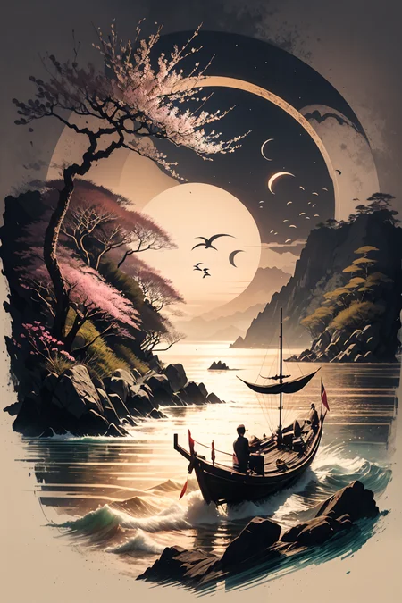 <lora:Calligraphy-ink-style-darquelilly-v1:1> calligraphyinkstyle, Asian wishing lanterns in the night sky, cherry blossom trees, a beach by the sea, volumetric lighting, night time, moonlight rfelected in the water, black background, peacful atmosphere