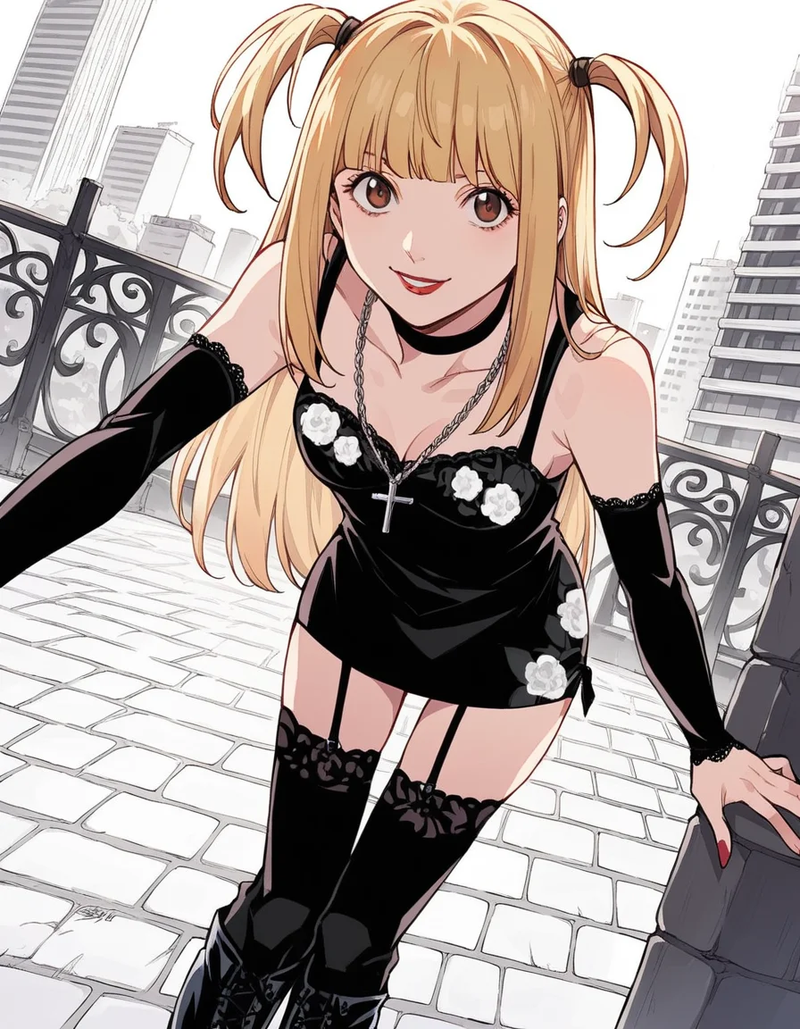 score_9, score_8_up, score_7_up, source_anime,
misaamane, <lora:misa-amane-manga-ponyxl-lora-nochekaiser:1>,
misa amane, long hair, bangs, brown eyes, yellow hair, blunt bangs, two side up, red lips, lipstick,
thighhighs, dress, jewelry, collarbone, boots, detached sleeves, choker, black thighhighs, necklace, black footwear, black dress, sleeveless dress, garter straps, black choker, short dress, floral print, cross, red nails, cross necklace,
outdoors, cityscape, smile, bent over,
looking at viewer, cowboy shot, solo, dutch angle, greyscale, monochrome,