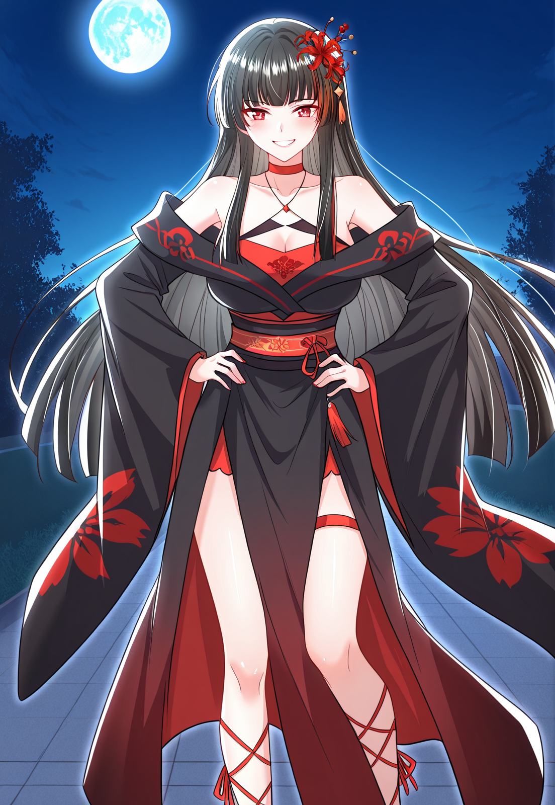 <lora:It_Starts_With_The_Confession_To_The_Beauty_Master__Xie_Ji:1>
1 girl, solo, long hair, straight hair, black hair, red eyes, full fringe,red flower hair ornament, tassel hairpin, 
black and red kimono dress, sleeveless, dedached sleeves, wide sleeves, bare sholders, collarbone, cleavage, high slit, red belt sash, floral patterns, criss-cross straps, 
red lace-up sandals, thigh strap, leg wraps,
score_9, score_8_up, score_7_up, very aesthetic, source_anime, detailed, high quality, beautiful, masterpiece, very aesthetic, high definition, amazing quality, highres, absurdres, outdoors, looking at viewer, smile, grin, hands on hips, night, blue moon