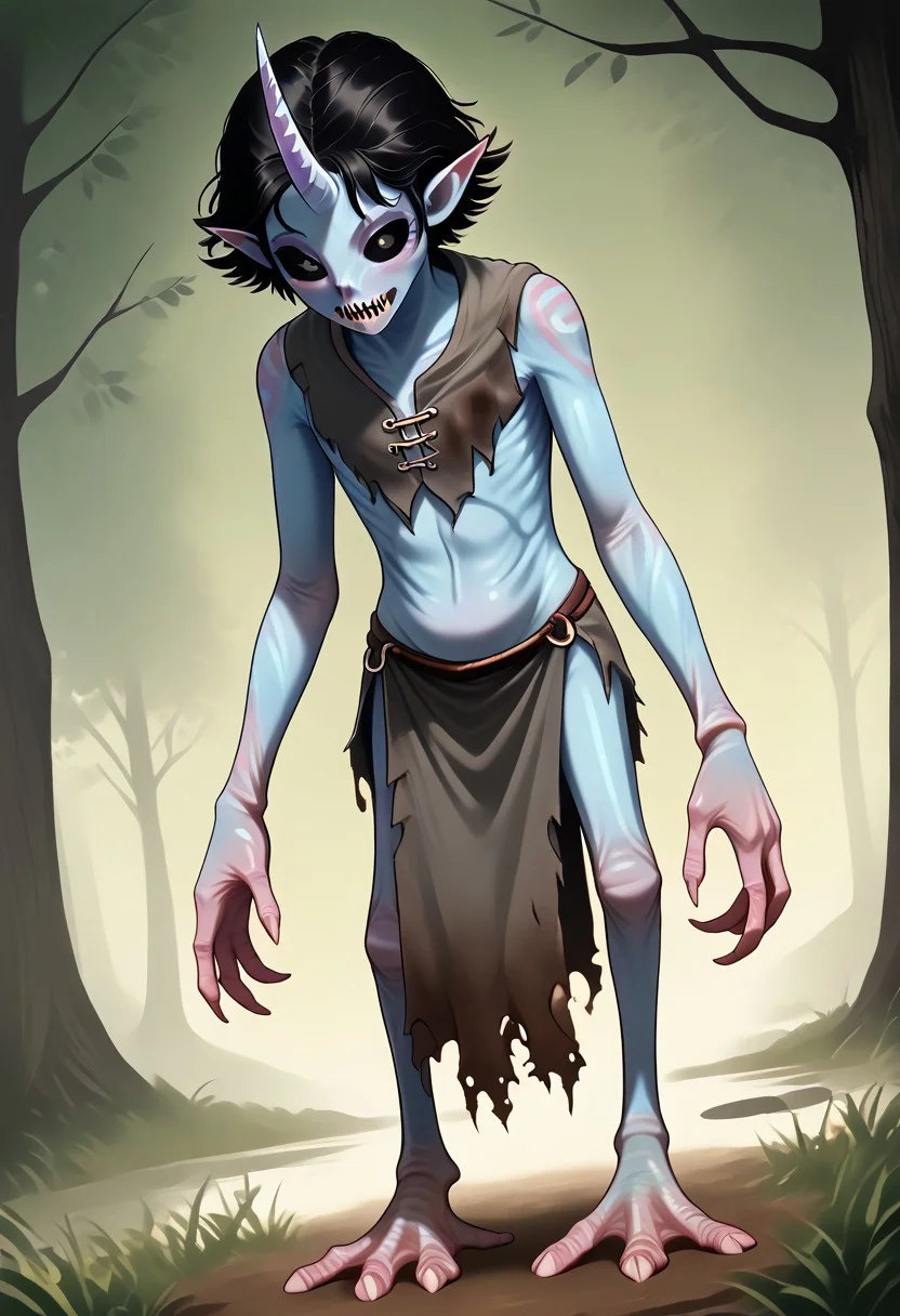 ((Alien humanoid)),
((Alien species)), solo, androgynous, aquatic features
blue skin, ((webbed hands)):1.3,
((No nose)):1.3, ((nostrils only, nostril slits, vertical nasal slits, narrow nostrils)):1.5, ((narrow eyes)), ((black sclera, black irises)), smooth skin, pointy ears, small ears, tiny ears, holes in skin, forehead horn, short horn, veiny horn, ((single horn)):1.0, ((4 fingers)), fingernails, thin lips, ((black hair)), ((short hair, spiky hair)), sharp teeth, digitigrade legs, bent legs,
Distant shot
ragged clothes, muddy clothes, loincloth, tunic, dirty
Medieval style, fantasy style,
((Variety)):1.2
((dutch angle, 3/4 view))
river background
fully clothed, loose clothing, clean lines, smooth colors, detailed fingers, sfw, source: realistic, rating: pg, score: 8 up, score: 9