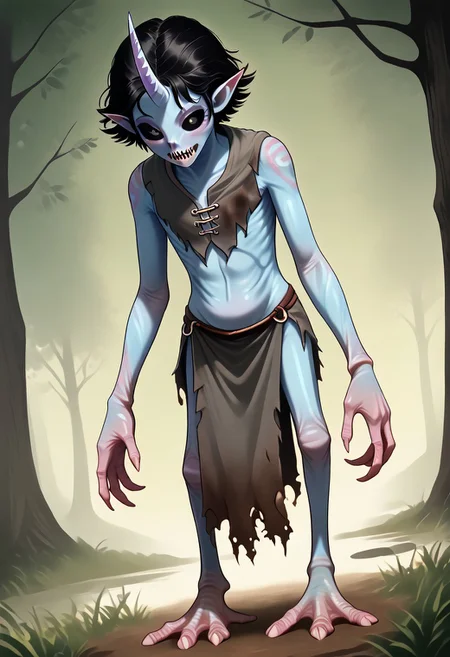 ((Alien humanoid)),
((Alien species)), solo, androgynous, aquatic features
blue skin, ((webbed hands)):1.3,
((No nose)):1.3, ((nostrils only, nostril slits, vertical nasal slits, narrow nostrils)):1.5, ((narrow eyes)), ((black sclera, black irises)), smooth skin, pointy ears, small ears, tiny ears, holes in skin, forehead horn, short horn, veiny horn, ((single horn)):1.0, ((4 fingers)), fingernails, thin lips, ((black hair)), ((short hair, spiky hair)), sharp teeth, digitigrade legs, bent legs,
Distant shot
ragged clothes, muddy clothes, loincloth, tunic, dirty
Medieval style, fantasy style,
((Variety)):1.2
((dutch angle, 3/4 view))
river background
fully clothed, loose clothing, clean lines, smooth colors, detailed fingers, sfw, source: realistic, rating: pg, score: 8 up, score: 9