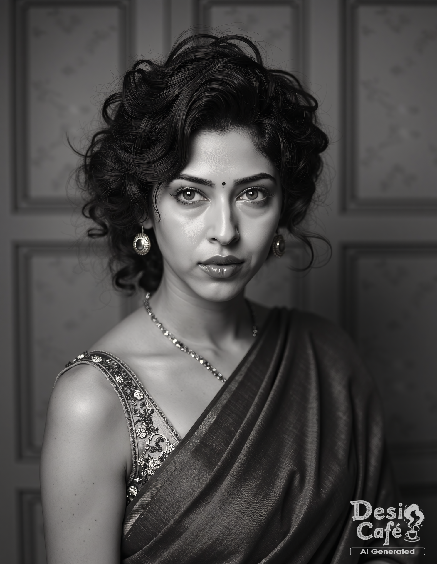 vintage greyscale photo of Sonarika Bhadoria woman, hyper realistic photo that is safe for work, angry, studio quality image, well dressed wearing intricate sleevelessSaree, hair styled as wispy fringe,muted shaded wallpaper background that contrasts with the person, cinematic lighting,âââââ <lora:Sonarika_Bhadoria_Flux_Kohya_V1-000002:0.8>âââ