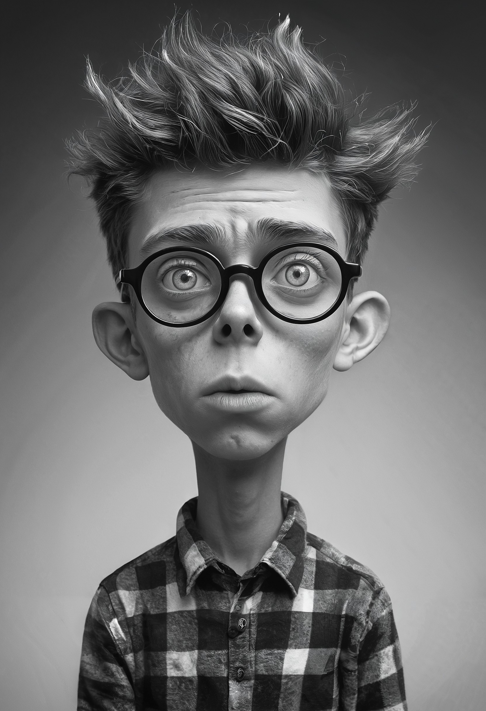 (Black and white photo) of exaggerated bored teen caricature, style of Alexander Jansson