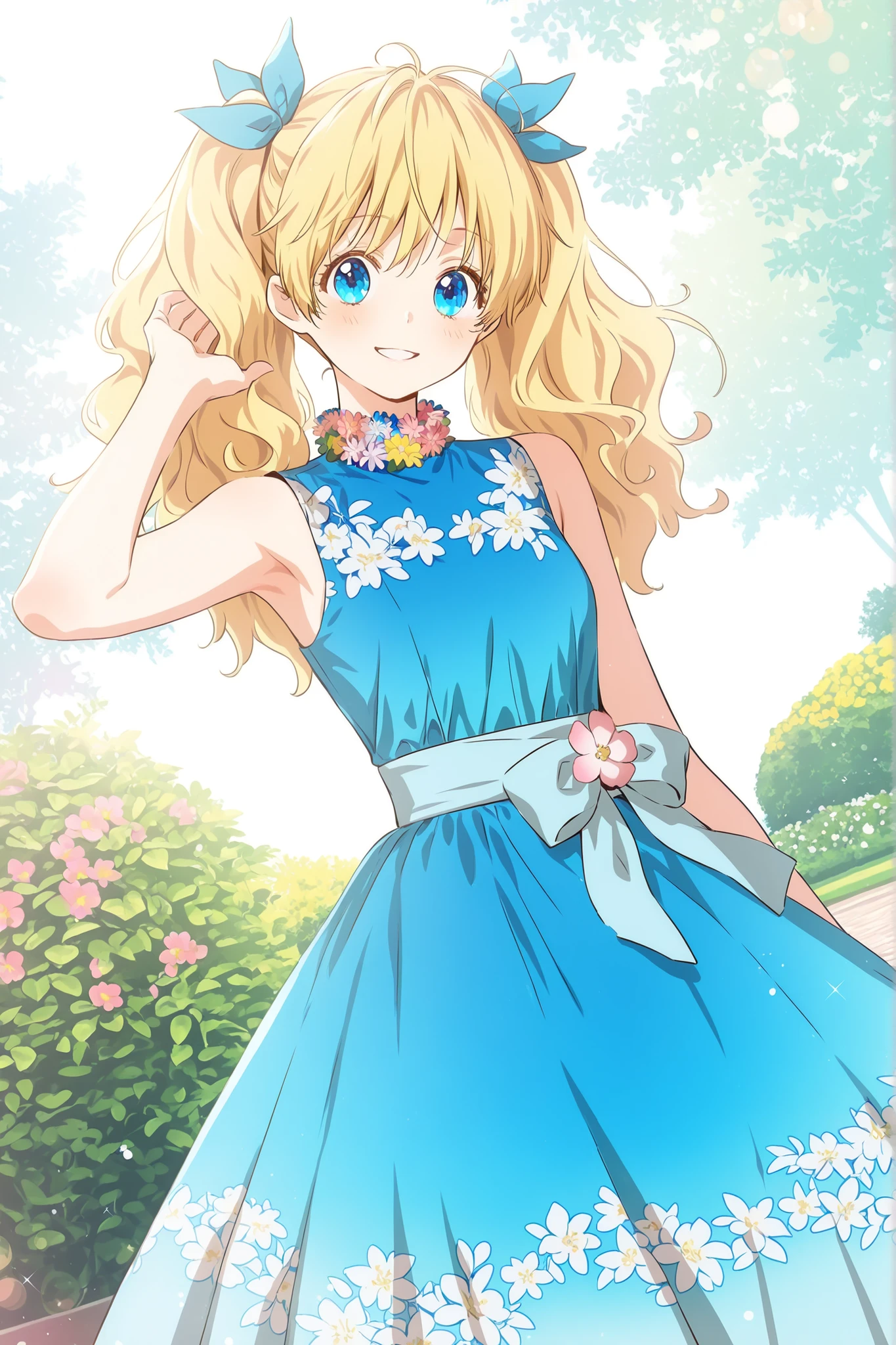 masterpiece, best quality, absurdres, high quality, detailed illustration, vibrant colors, bluefloraldress, 1girl, solo, athanasia, blonde hair, wavy hair, long hair, blue eyes, twintails, hair ribbon, blue ribbon, sleeveless dress, blue dress, floral pattern, dress, high collar, sash, flower trim, looking at viewer, cheerful expression, bright smile, daylight, outdoors, garden, flower background, detailed background, bokeh, cowboy shot, armpits, dutch angle