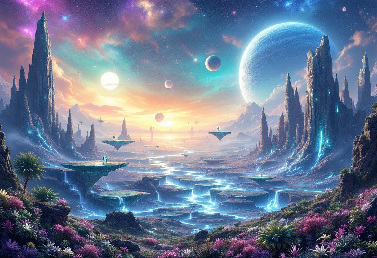 A breathtaking alien landscape, on a distant planet, featuring towering, bioluminescent flora and floating islands suspended in a vibrant
, nebula-filled sky. The terrain is a mix of crystalline formations and glowing, otherworldly plants. Rivers of liquid light flow through the valleys, casting an ethereal glow across the scene. Strange, luminescent creatures can be seen in the distance, blending seamlessly with the fantastical environment. The horizon is dotted with multiple moons and a giant, ringed planet, adding to the surreal beauty of this extraterrestrial world