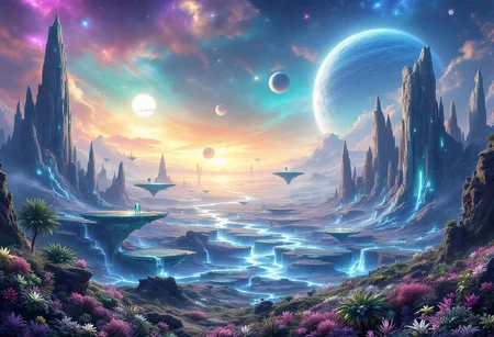 A breathtaking alien landscape, on a distant planet, featuring towering, bioluminescent flora and floating islands suspended in a vibrant
, nebula-filled sky. The terrain is a mix of crystalline formations and glowing, otherworldly plants. Rivers of liquid light flow through the valleys, casting an ethereal glow across the scene. Strange, luminescent creatures can be seen in the distance, blending seamlessly with the fantastical environment. The horizon is dotted with multiple moons and a giant, ringed planet, adding to the surreal beauty of this extraterrestrial world