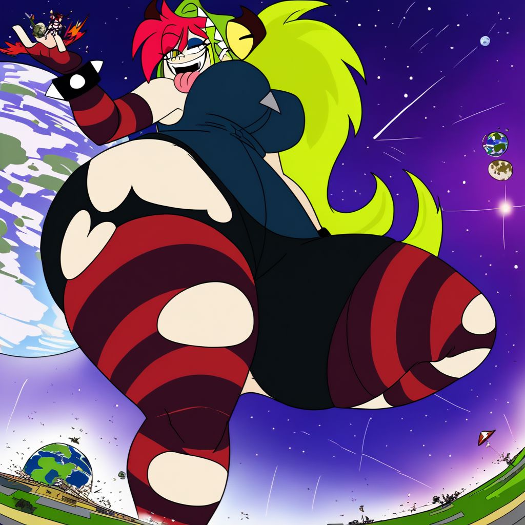 demencia, red hair, green ponytail, striped thighhighs, single striped sock, anklet, green monster hood, yellow eyes, sharp teeth, dark blue hoodie, single striped sleeve, red sneaker, blue sneaker, black skirt, smile, eyeshadow, spiked bracelet, zipper pull tab, torn pantyhose, glove, tongue out, (thick thighs:1.3), (wide hips:1.4), (large boobs:1.3), (thick thighs:1.3), (wide hips:1.4), (large boobs:1.3), looking at viewer, giantess, from below, a girl licking earth \(planet\) with tongue causing explosion and destruction, planet size, 1girl, giantess, from side, holding earth \(planet\), explosion on earth \(planet\), tongue out, outer space, floating, looking down