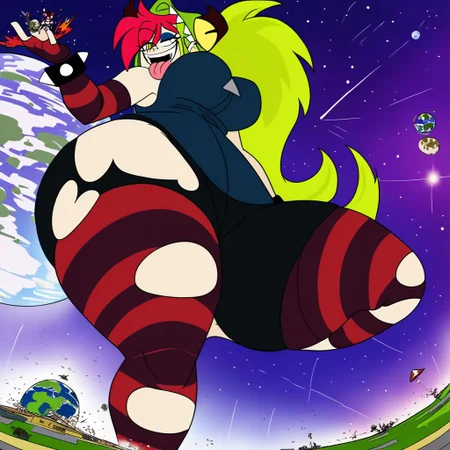 demencia, red hair, green ponytail, striped thighhighs, single striped sock, anklet, green monster hood, yellow eyes, sharp teeth, dark blue hoodie, single striped sleeve, red sneaker, blue sneaker, black skirt, smile, eyeshadow, spiked bracelet, zipper pull tab, torn pantyhose, glove, tongue out, (thick thighs:1.3), (wide hips:1.4), (large boobs:1.3), (thick thighs:1.3), (wide hips:1.4), (large boobs:1.3), looking at viewer, giantess, from below, a girl licking earth \(planet\) with tongue causing explosion and destruction, planet size, 1girl, giantess, from side, holding earth \(planet\), explosion on earth \(planet\), tongue out, outer space, floating, looking down