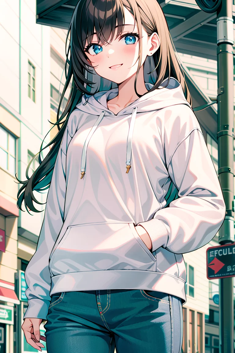 1girl, solo, cowboy shot, long hair, downtown, hooded sweatshirt, smile,