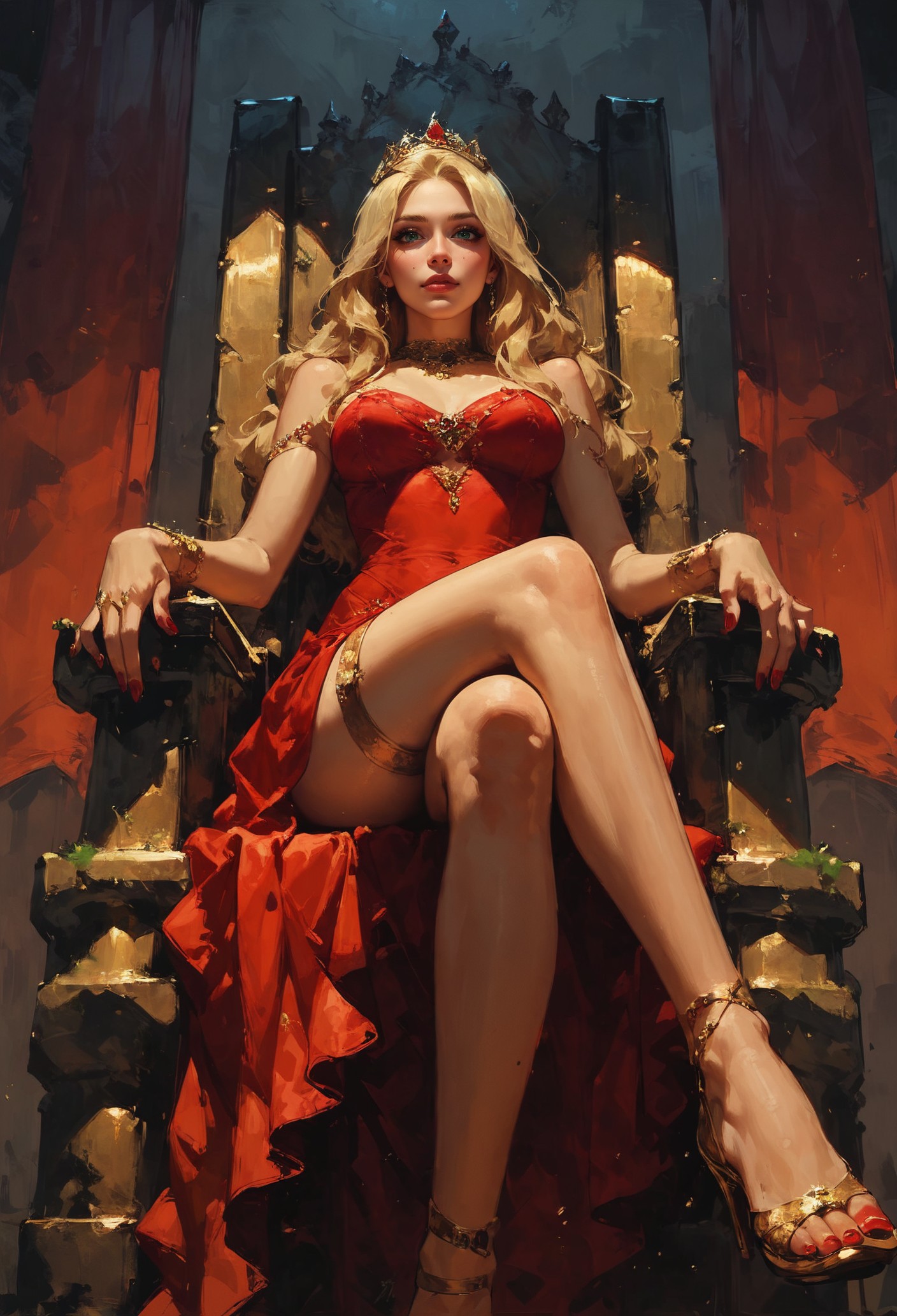 (score_9, score_8_up:1.1), score_7_up, 1girl, petite, blonde hair, long hair,  sitting on a golden throne, red royal dress, red royal miniskirt, thighs, crossed legs, from below, air of superiority, throne room, golden tiara, nail polish, red fingernails  <lora:sdxl\vixon_pony_oil:0.7> <lora:sdxl\Concept Art Eclipse Style LoRA_Pony XL v6:0.5>