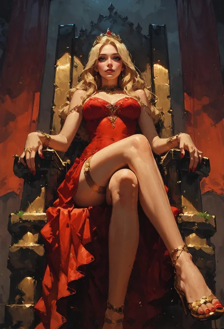 (score_9, score_8_up:1.1), score_7_up, 1girl, petite, blonde hair, long hair, sitting on a golden throne, red royal dress, red royal miniskirt, thighs, crossed legs, from below, air of superiority, throne room, golden tiara, nail polish, red fingernails <lora:sdxl\vixon_pony_oil:0.7> <lora:sdxl\Concept Art Eclipse Style LoRA_Pony XL v6:0.5>