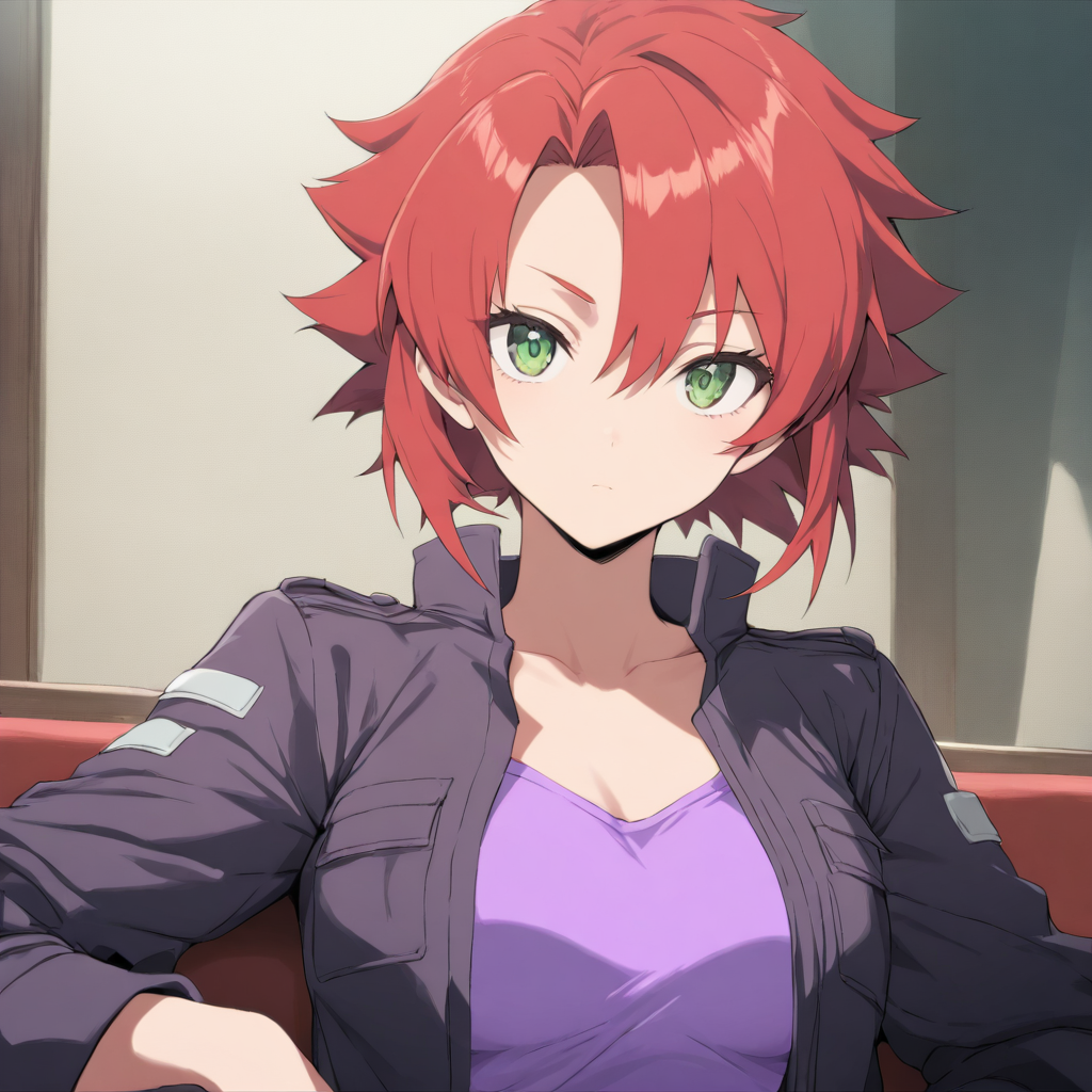 solo,looking at viewer,upper_body,masterpiece,high score,great score,absurdres,jacket,purple shirt,<lora:Chiaia_Flan ag4o v1:1> chiaiaflan, short hair, red hair, green eyes,