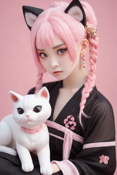 <lora:hanfuTang_v41_R_SDXL:0.35>,  hanfu, 
1girl dressed in kawaii pink hair and black leggings, in the style of object portraiture specialist, devilcore, close up, caninecore, tabletop photography, mischievous feline motif,