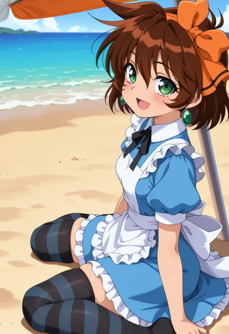 masterpiece, best quality, amazing quality, absurdres, 1girl, solo, merrillww, green eyes, brown hair, short hair, orange hair ribbon, orange hairband, earrings, small breasts, alice \(alice in wonderland\) \(cosplay\), blue short dress, frilled dress, collared dress, white frilled apron, puffy short sleeves, black ribbon, hair ribbon, striped thighhighs, black thighhighs, neck ribbon, <lora:Merrill_Mahou_Senshi_Louie_ill_v12:0.9>, from side, looking at viewer, smile, blush, open mouth, outdoors, beach, ocean, sand, beach umbrella, sitting, wariza, skindentation, detailed clothing folds, depth of field, sharp, high contrast, dynamic light