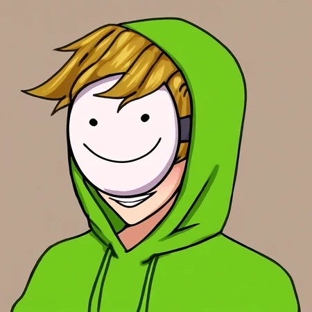 dreamwastaken, hoodie, mask, blonde hair, green hoodie, white mask, round mask, emoji mask, smile mask, face under mask, hood up