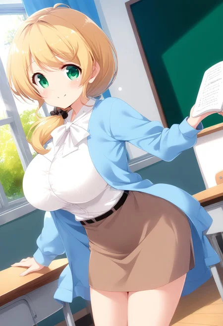 score_9, score_8_up, score_7_up, source_anime, (nsfw1.0), BREAK, 
1girl, solo, ellen_baker, (huge breasts), green eyes, blonde hair, low ponytail, hair scrunchie, 
teacher clothes, blue jacket, white shirt, blown mini skirt,
holding textbook, holding pen, 
smile, closed mouth, 
(any pose), 
indoors, classroom, black board, warm light, 
mitsumomo style,