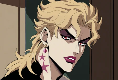 masterpiece, best quality, <lora:age_slider_v4:4>,detailed_background,indoors,dio brando,androgynous,highres,birthmark,blonde hair,bishounen,joestar birthmark,lipstick,jojo no kimyou na bouken,parted lips,chlyaco,earrings,jewelry,makeup,long hair,solo,1boy,eyeshadow,ear birthmark