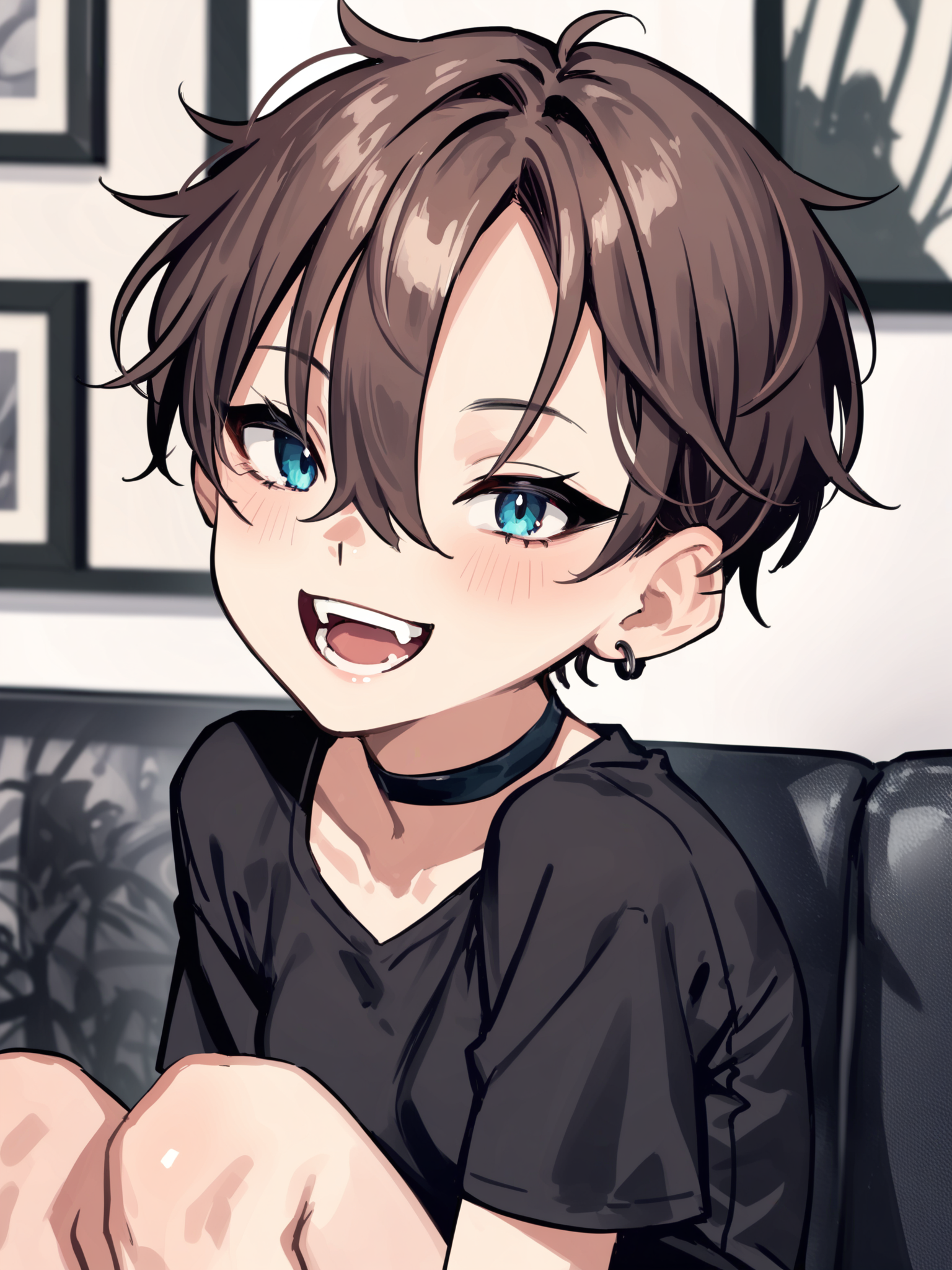 <lora:happy_tentacle-netsureina-v0.1:0.9>, ht_netsureina, ear piercing, small breasts, blue eyes, brown hair , smile, open mouth, indoors, goth fashion, black clothes, eyeliner, layered clothes, choker cowboy shot, 1girl, (petite:1.2), solo focus, (looking at viewer:1.1), , (depth of field:0.8), from side, score_9, score_8_up, score_7_up, score_6_up, score_5_up, score_4_up