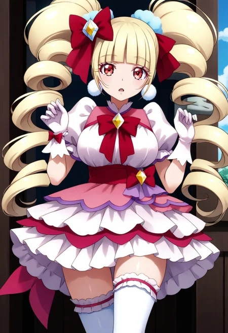 score_9, score_8_up, score_7_up, source_anime, (nsfw1.0), BREAK, 
curemacherie, cute 1girl, (large breasts), skinny body, (short stature:1.5), (shortstack:0.7), red eyes, blond hair, twintails, 
pink clothes, pom pom earrings, pink ribbon, white gloves, frilled thighhighs, puffy sleeves, layered dress, mini skirt, porch, wrist bow, jewelry, 
shiny skin, 
expressionless, small open mouth, 
any pose,  looking at viewer, 
angle:random, 
background:random,