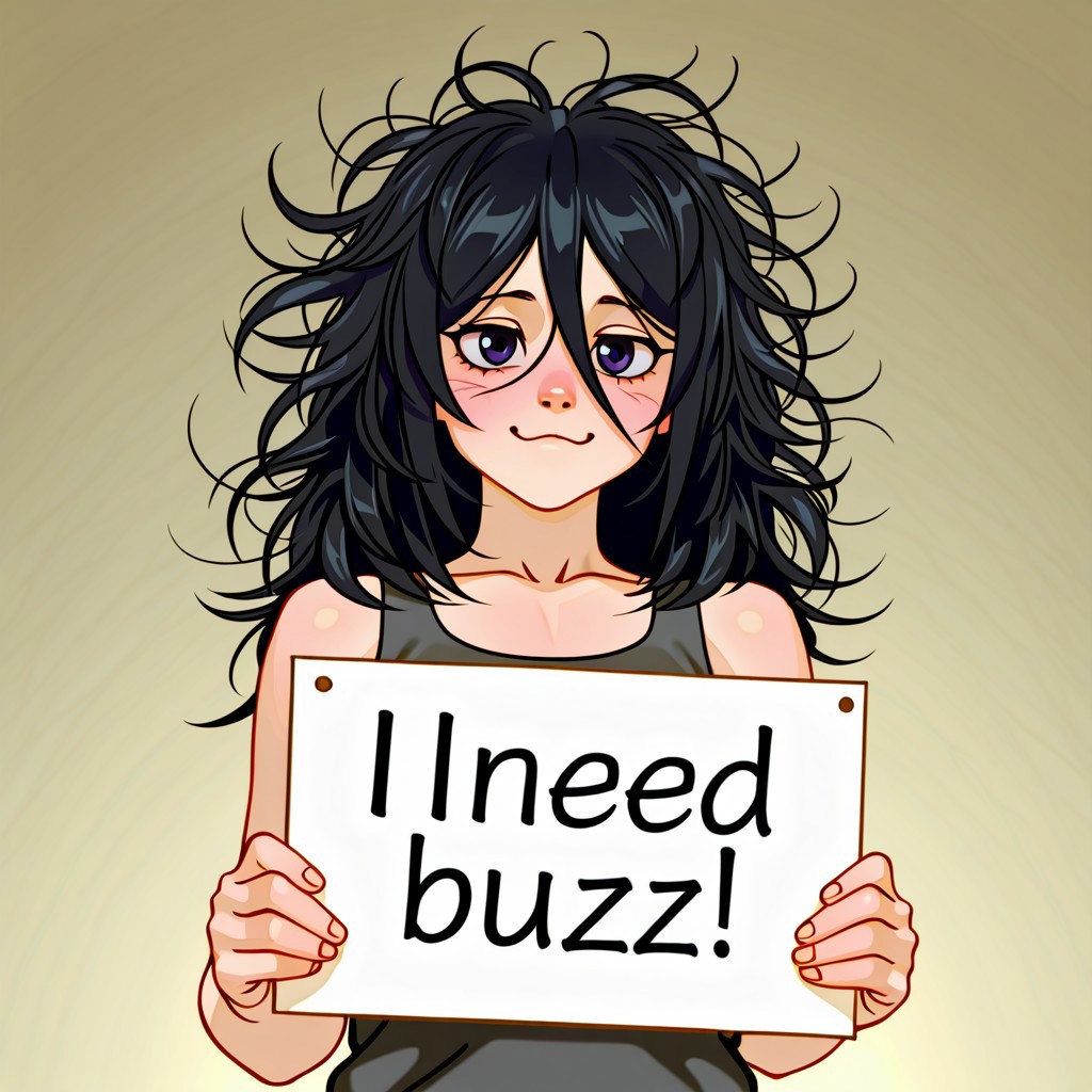 (Kairunoburogu, by neocoill:0.5), need_buzz, holding sign, kuchiki rukia, (messy hair:2), looking at viewer, ;3, tank top